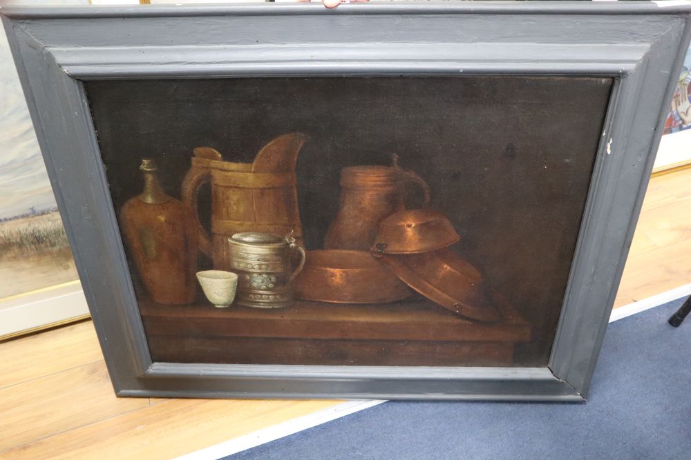 Dutch School (late 18th/early 19th century), oil on canvas, Still life of copper pots on a table top, 58 x 80cm